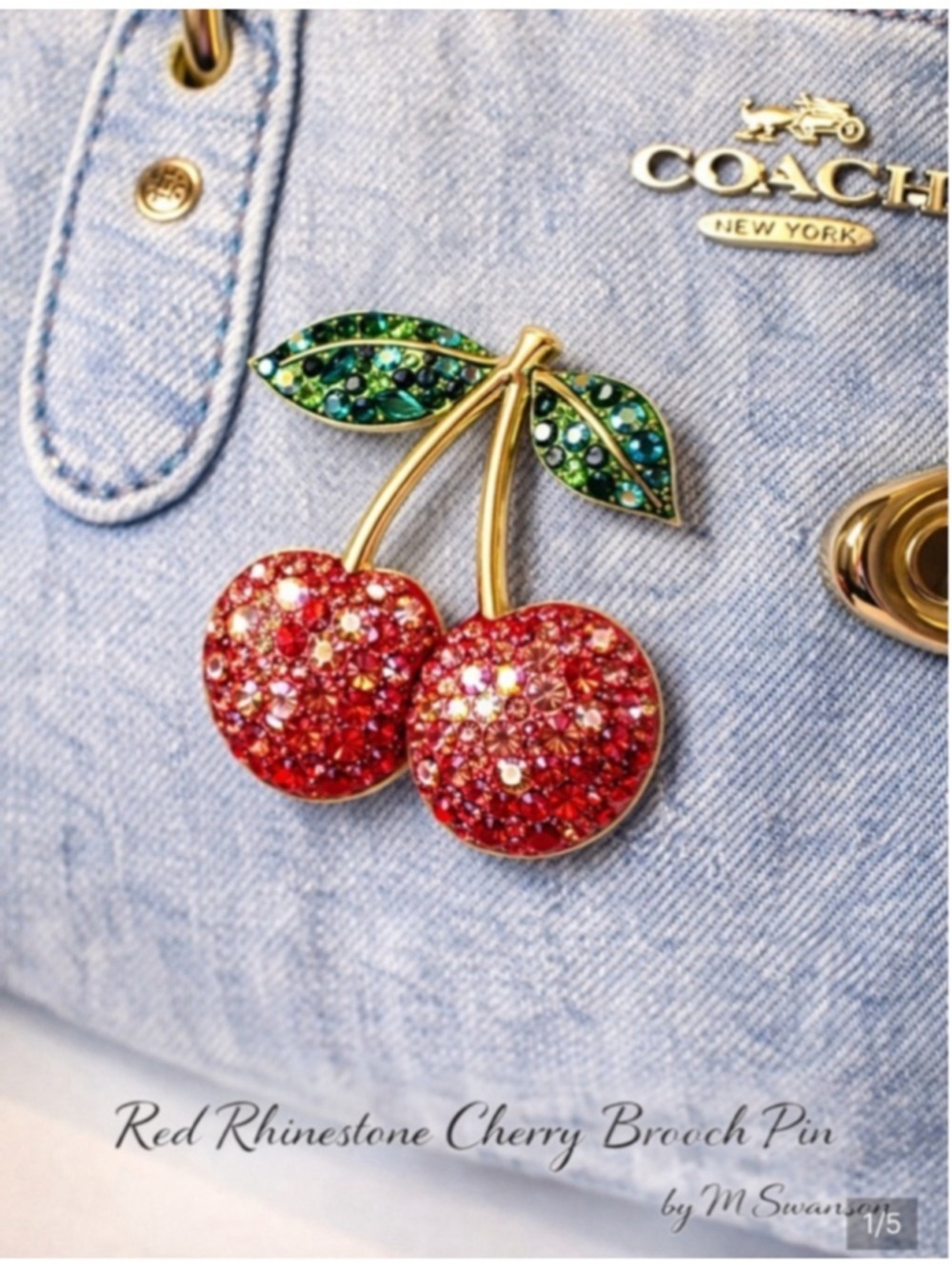 NEW Red Rhinestone Cherry Brooch Pin Gold Tone Crystal Statement NWT